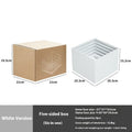 Six white plastic cube-shaped dessert display stands arranged in two rows for patisserie presentation