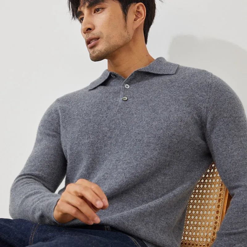 Pure cashmere men's polo collar pullover sweater in loose fit style
