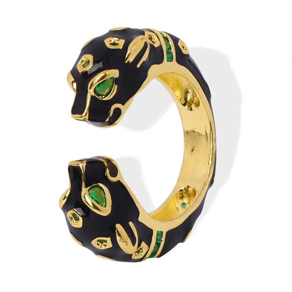 Black cheetah pattern open ring with geometric design on copper base