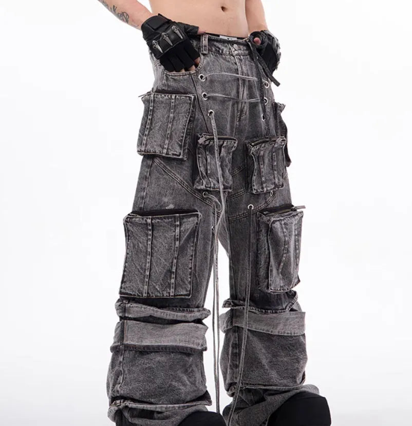 Grey distressed denim mop pants with rope stitching, American-style overalls, front view