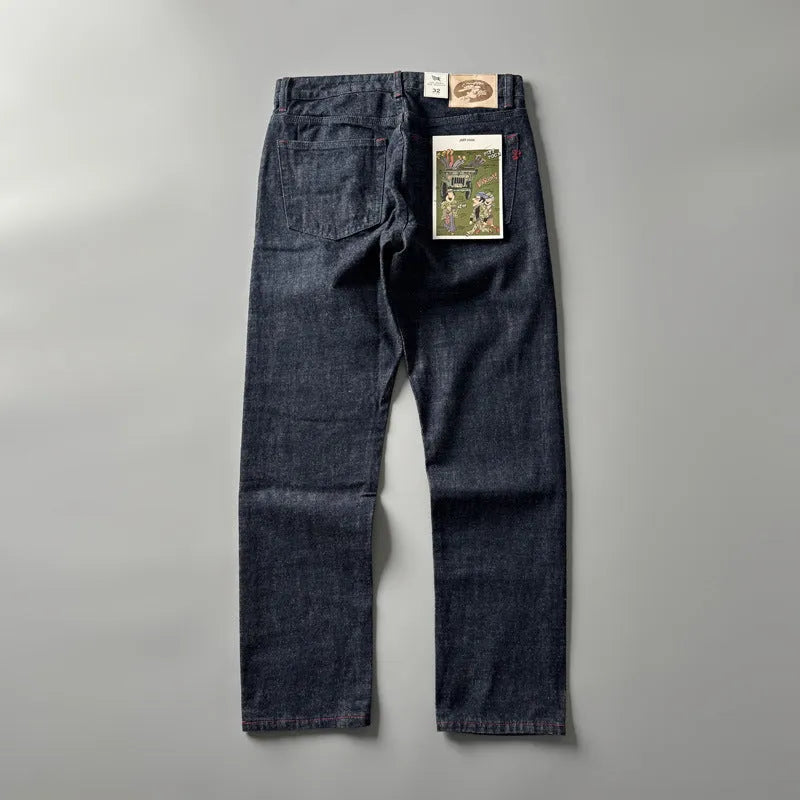 Men's straight leg denim jeans in primary colour blue with mid waist and traditional American retro styling
