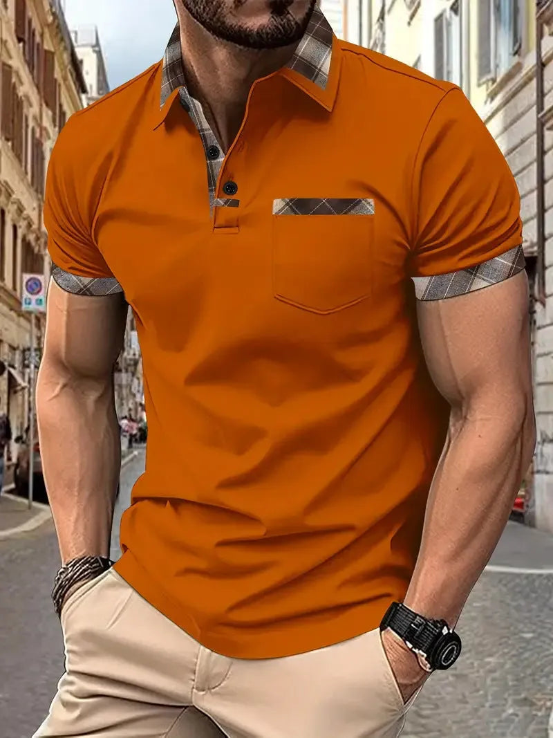 Men's loose fit plaid colourblock t-shirt with decorative zipper elements on short sleeves