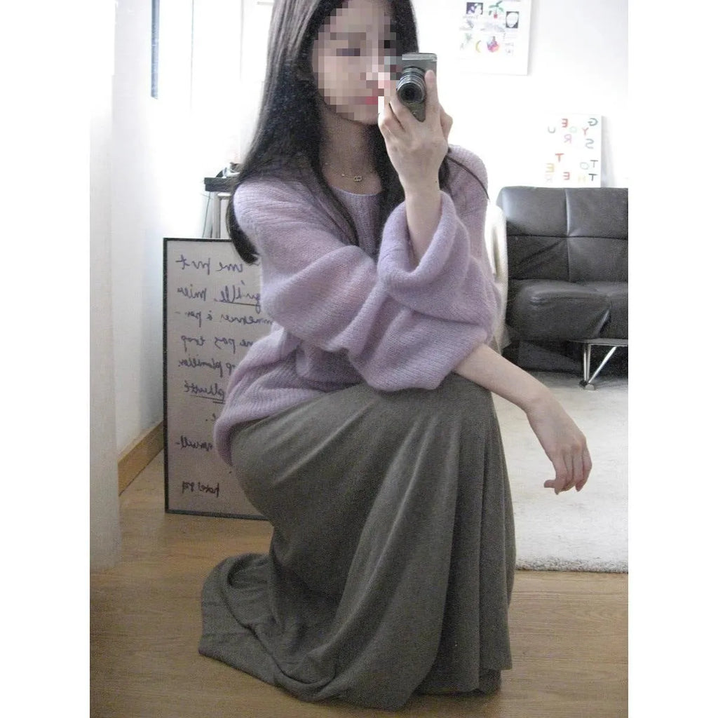 Purple women's ice silk blouse with princess sleeves and shoulder strap details