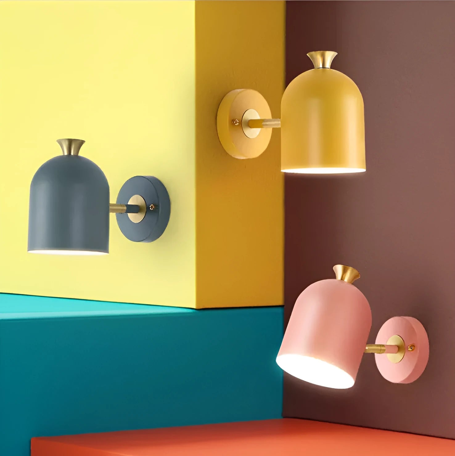 Single head aluminium bedside wall lamp with mirror front in blue, green, pink, or yellow colour