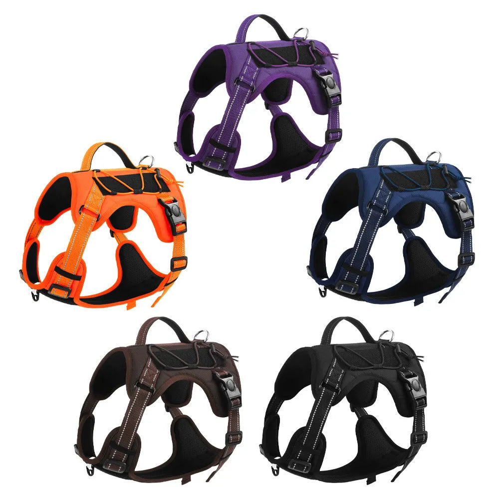 Reflective dog harness with hand-holding rope in PU material showing colour options and sizing