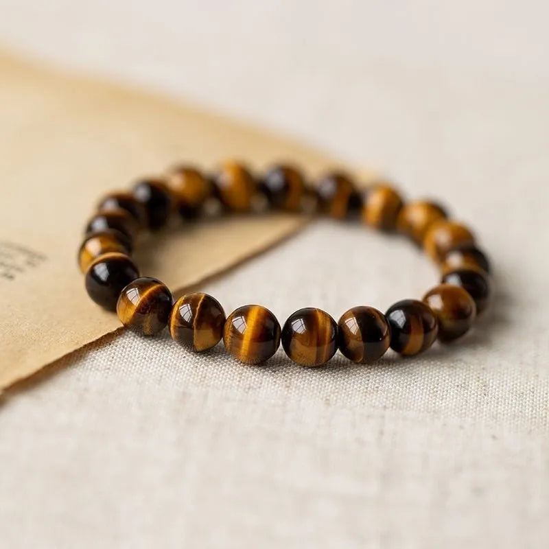 Ethnic style tigereye single circle Buddha rosary bracelet with natural stone beads in 6mm 8mm 10mm 12mm sizes on elastic cord