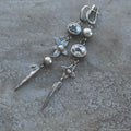 Geometric antique silver rhinestone pendant earrings with XINGX design on long alloy ear studs