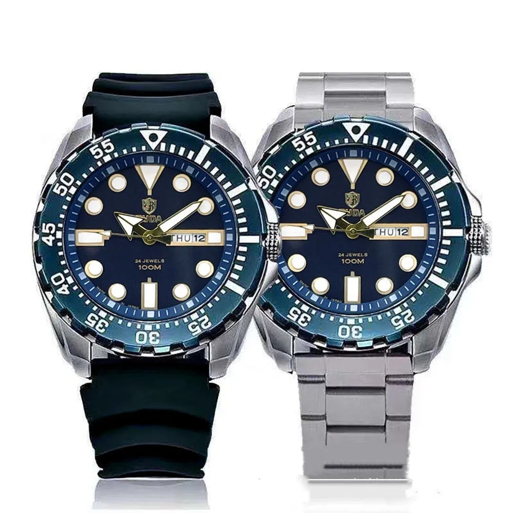 Waterproof luminous quartz men's watch with blue dial and steel strap