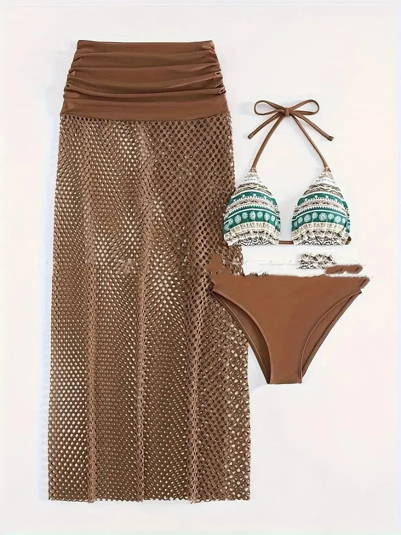 Women's three-piece bikini set with fishnet long skirt in a gradient pattern, shown in brown.