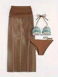 Women's three-piece bikini set with fishnet long skirt in a gradient pattern, shown in brown.