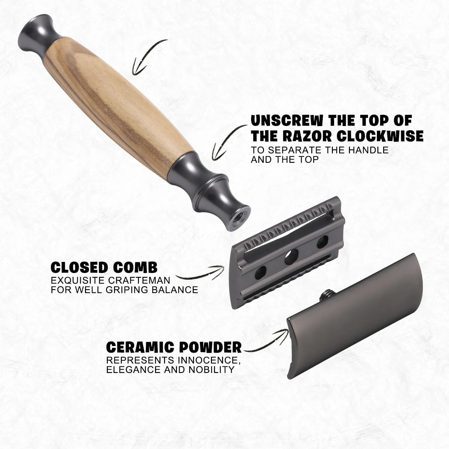 Men's manual safety razor with olive wood handle and zinc alloy blade in Silver Pearl White finish