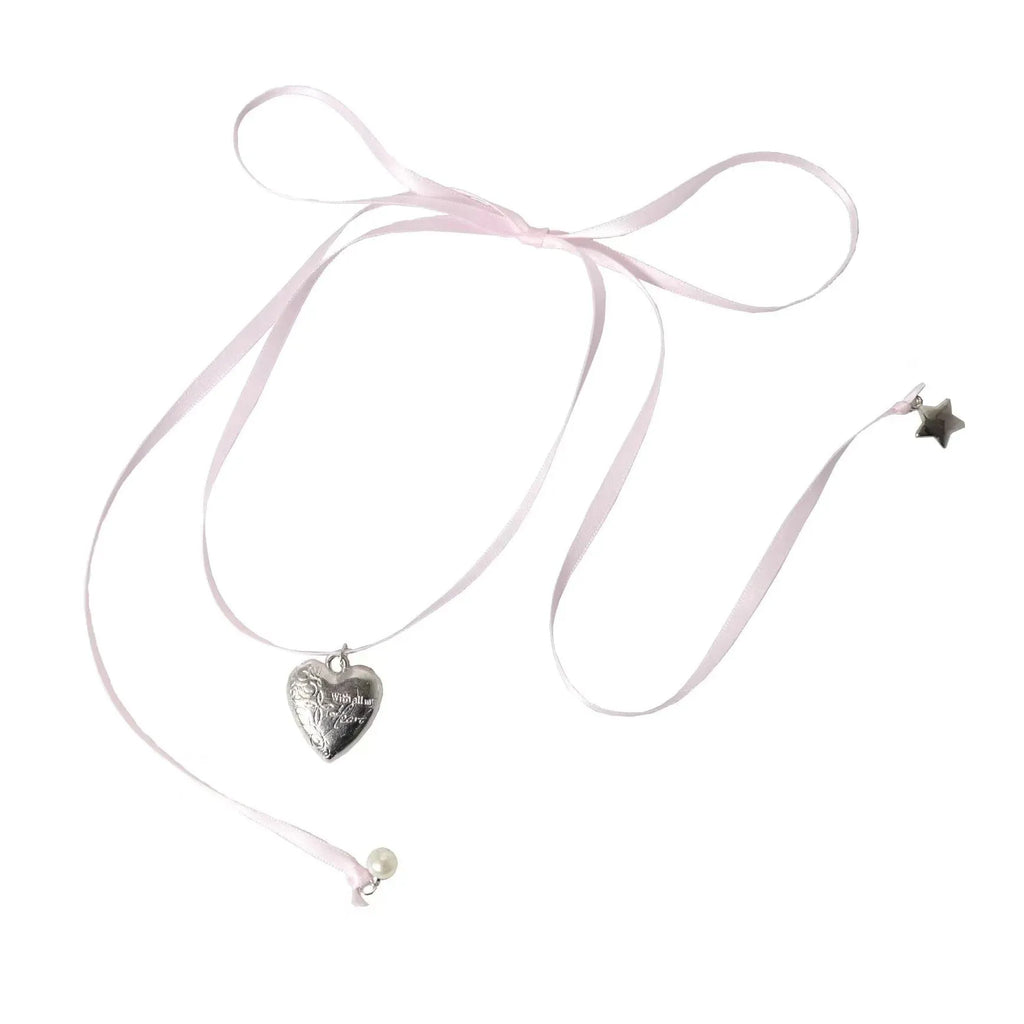 Women's ribbon and love pendant necklace in alloy with electroplated finish
