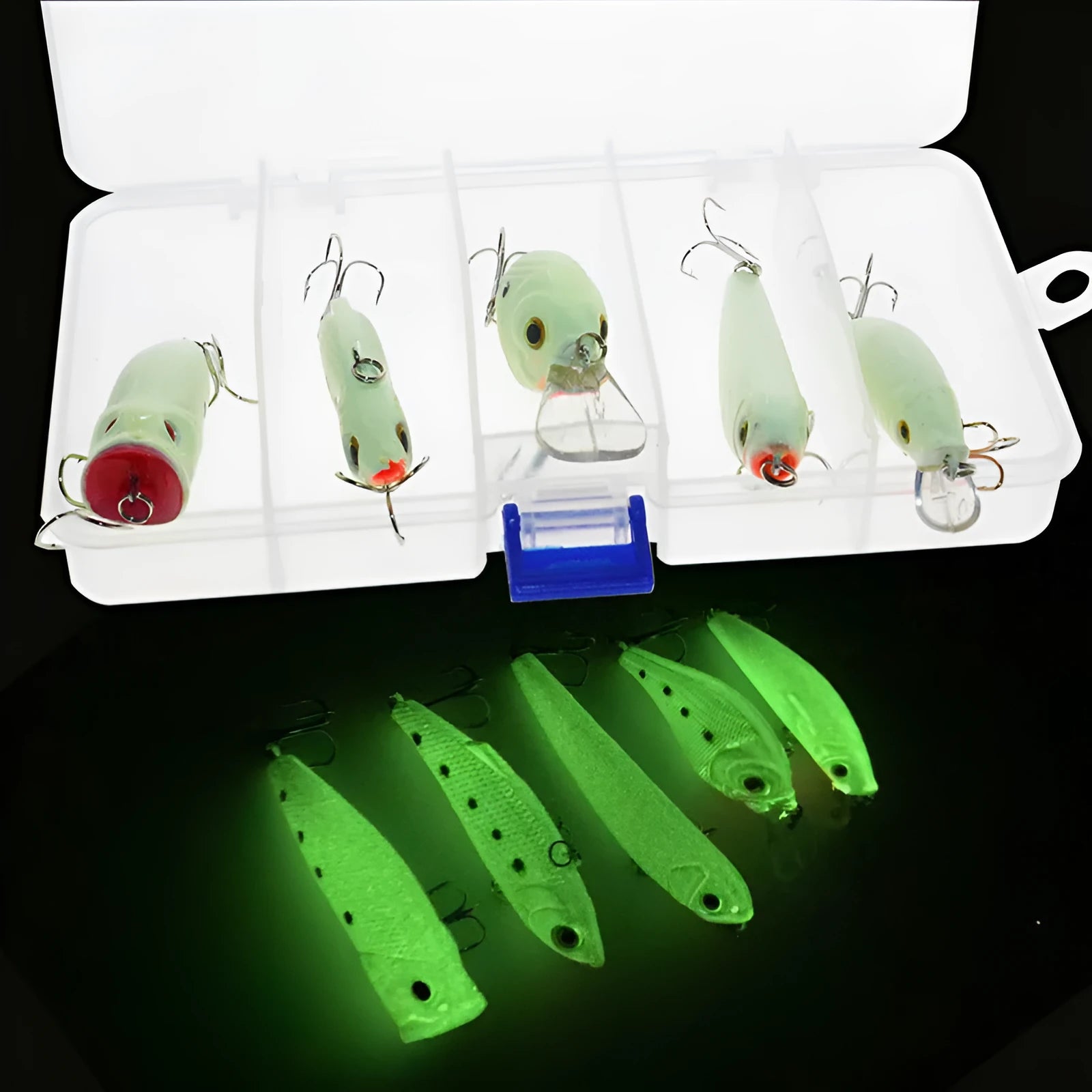 Five 3D fluorescent hard bait fishing lures with luminous finish for bass and perch fishing