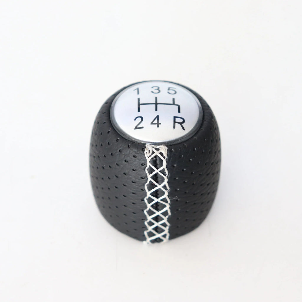 Sewn wrapped PU leather perforated handball gear shift knob for Alpha vehicle in black/red/white line matte or silver cover