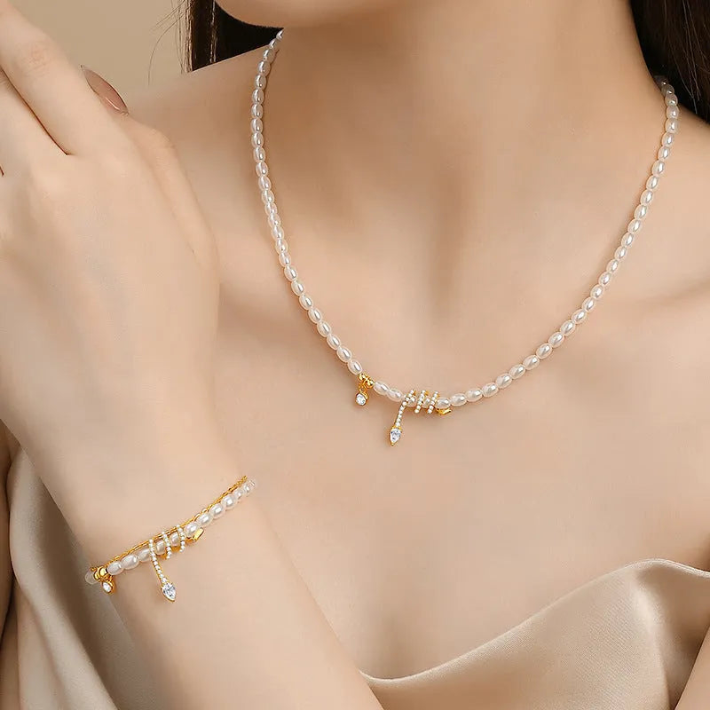 Pearl snake 925 sterling silver beaded bracelet, New Chinese style, electroplated gold colour finish