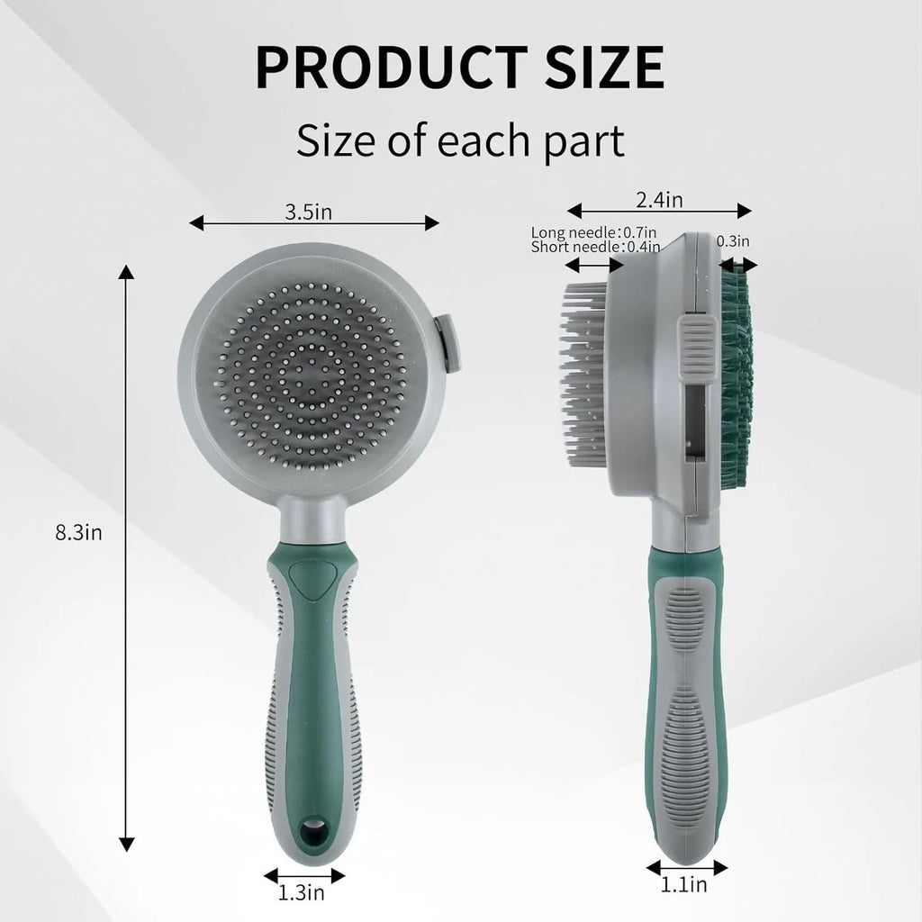 Green two-sided pet brush with slicker pins on one side and silicone massage teeth on other side