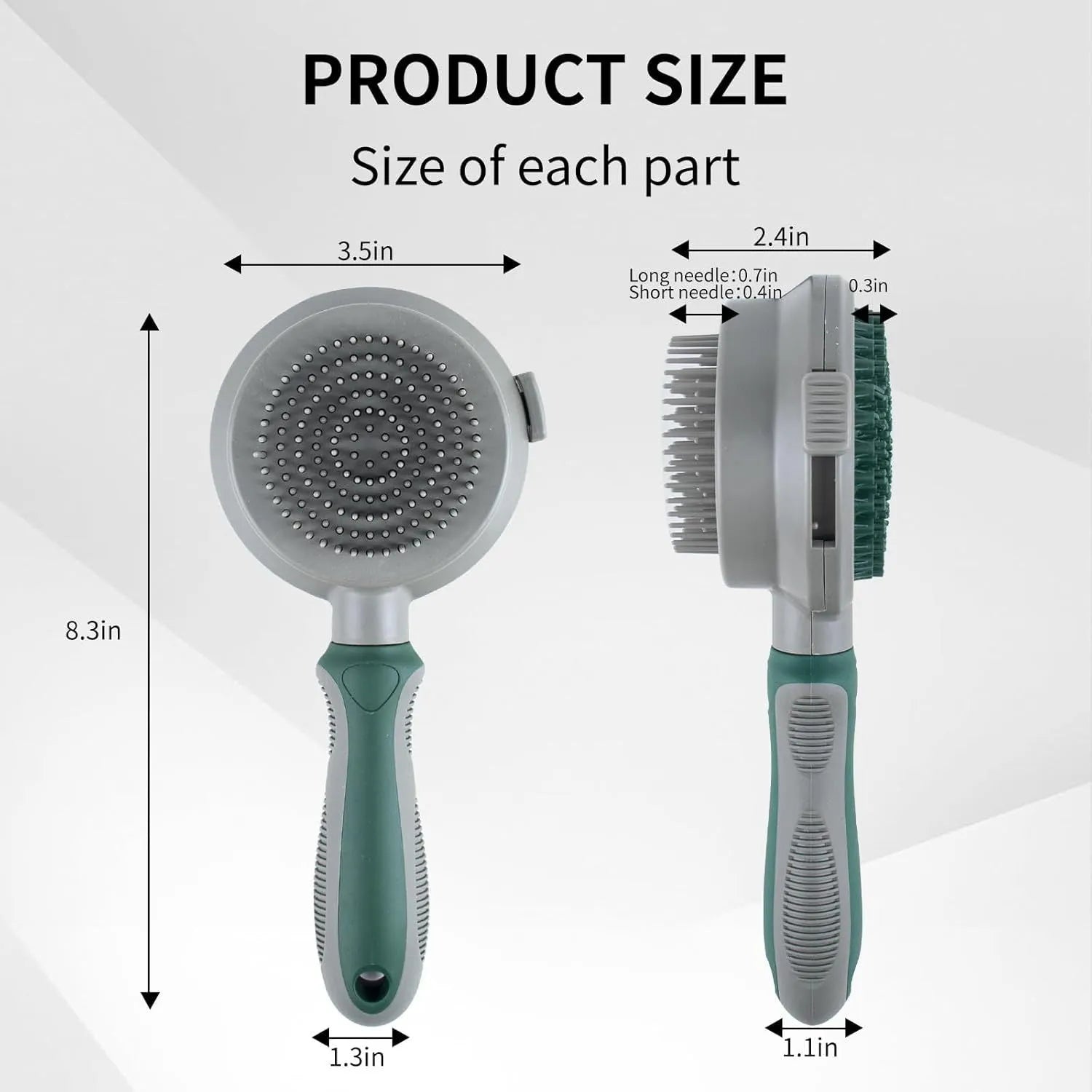 Green two-sided pet brush with slicker pins on one side and silicone massage teeth on other side