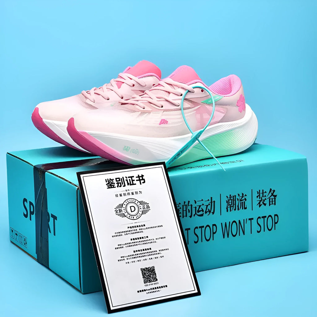 Low-top carbon plate racing sneakers in multiple colours on a natural rubber sole.
