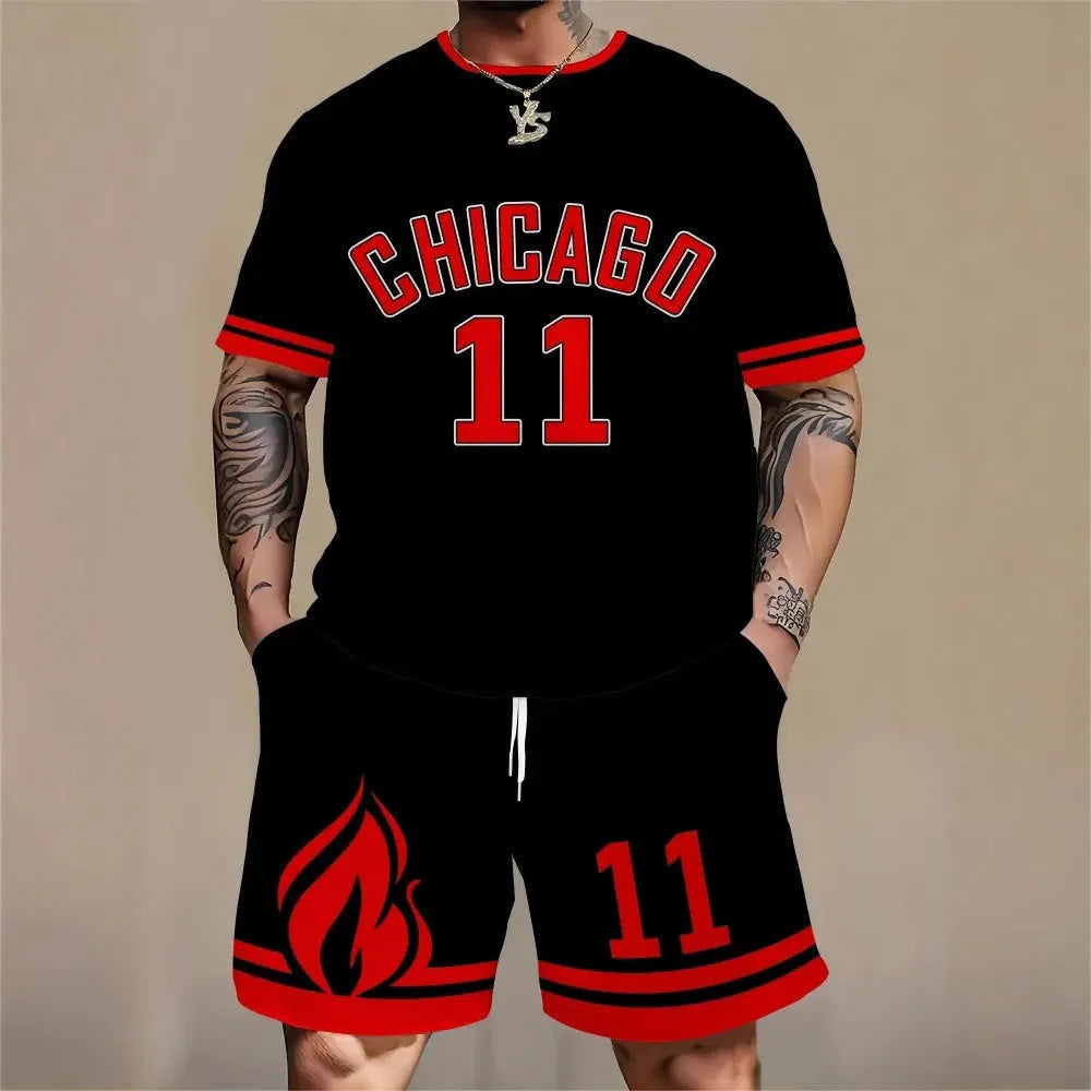 Men's short sleeve top and shorts sportswear set with 3D letter printing in polyester fabric