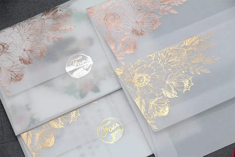 Sulfuric acid paper invitation card with bronzing matte varnish, gold sticker, 12.5x17.6 cm