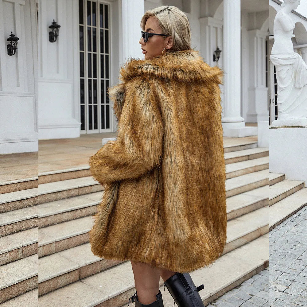 Yellow women's faux fur coat with regular sleeves and 80cm length in loose fit style