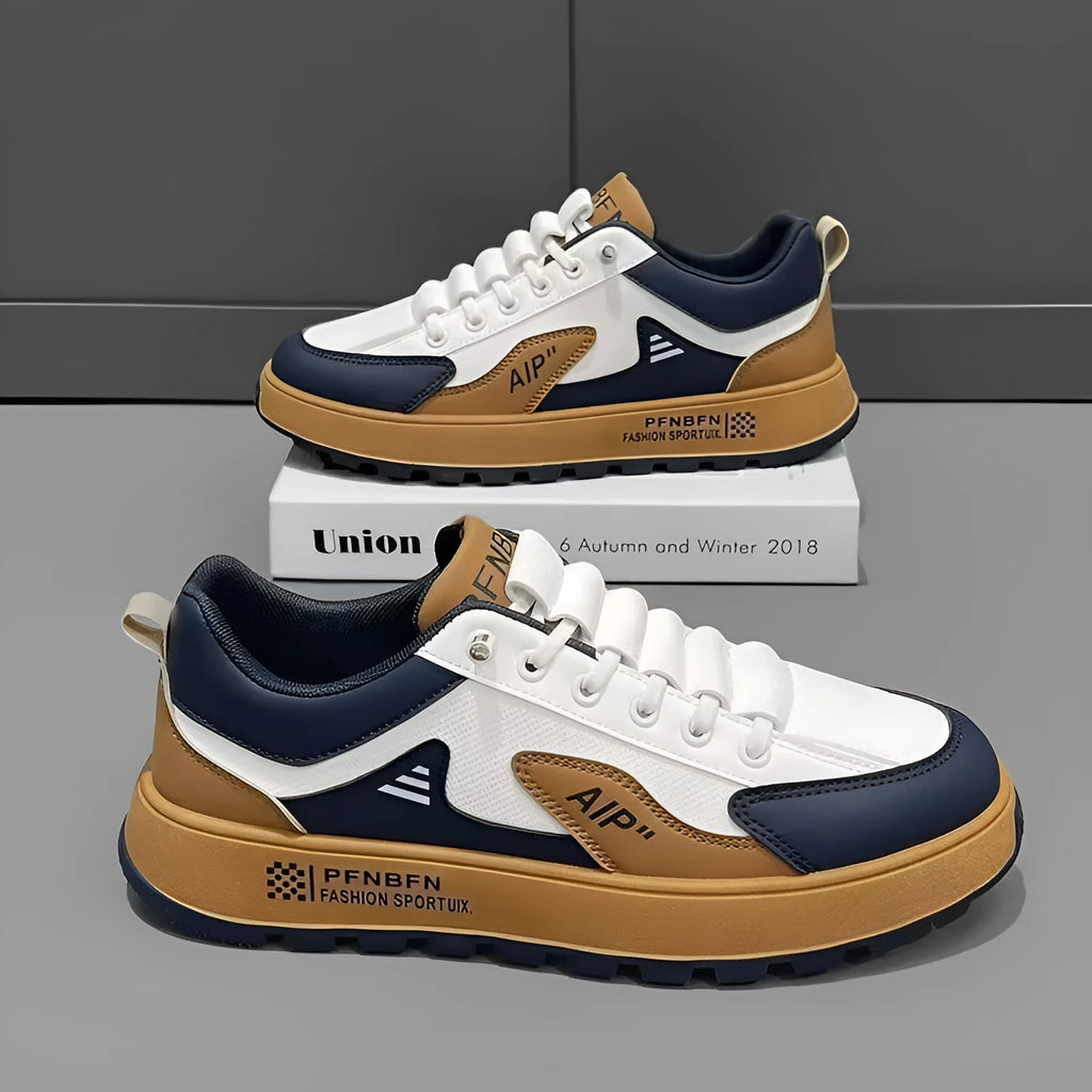 Men's solid colour casual shoes with round toe and artificial PU upper in white-orange, white-black, and white-brown options.