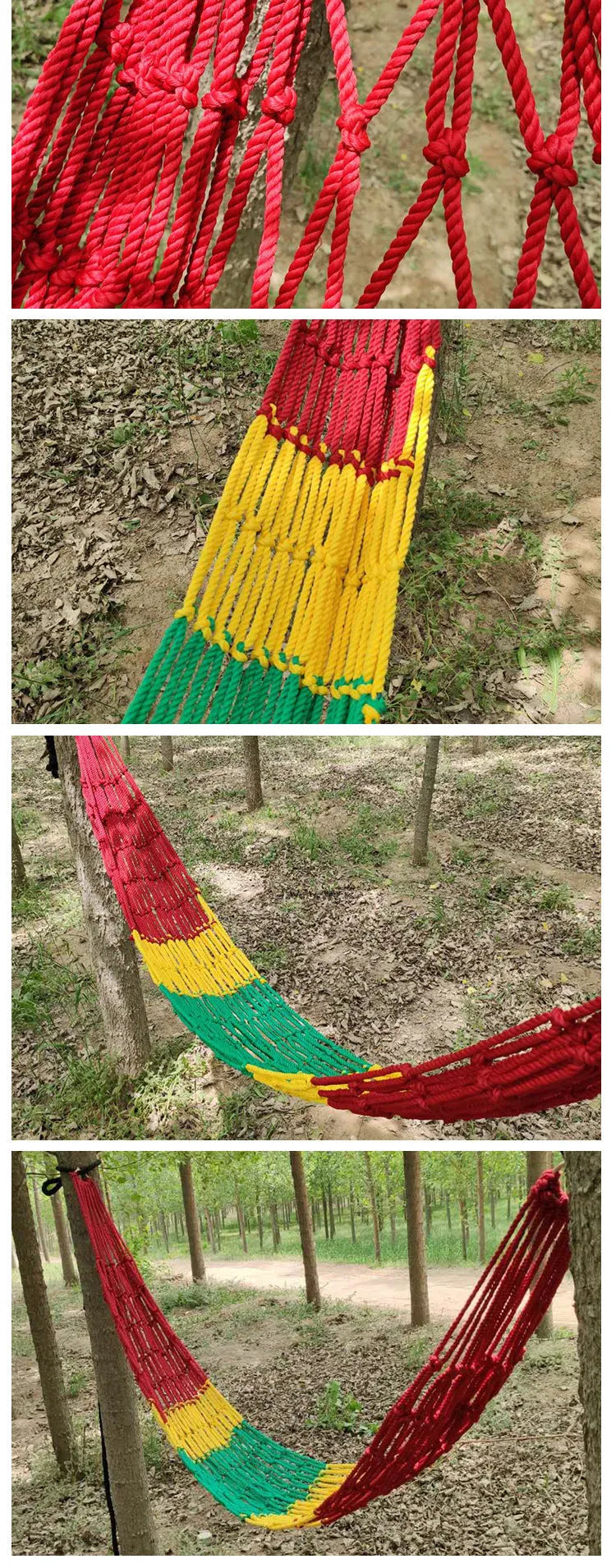 Nylon rope mesh hammock hung between two trees in a garden setting.