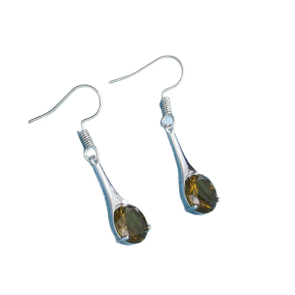 Olive green drop-shaped alloy earrings with posts on a white background.