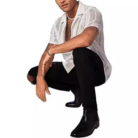 Men's black knitted short-sleeved button shirt with street fashion style and regular fit