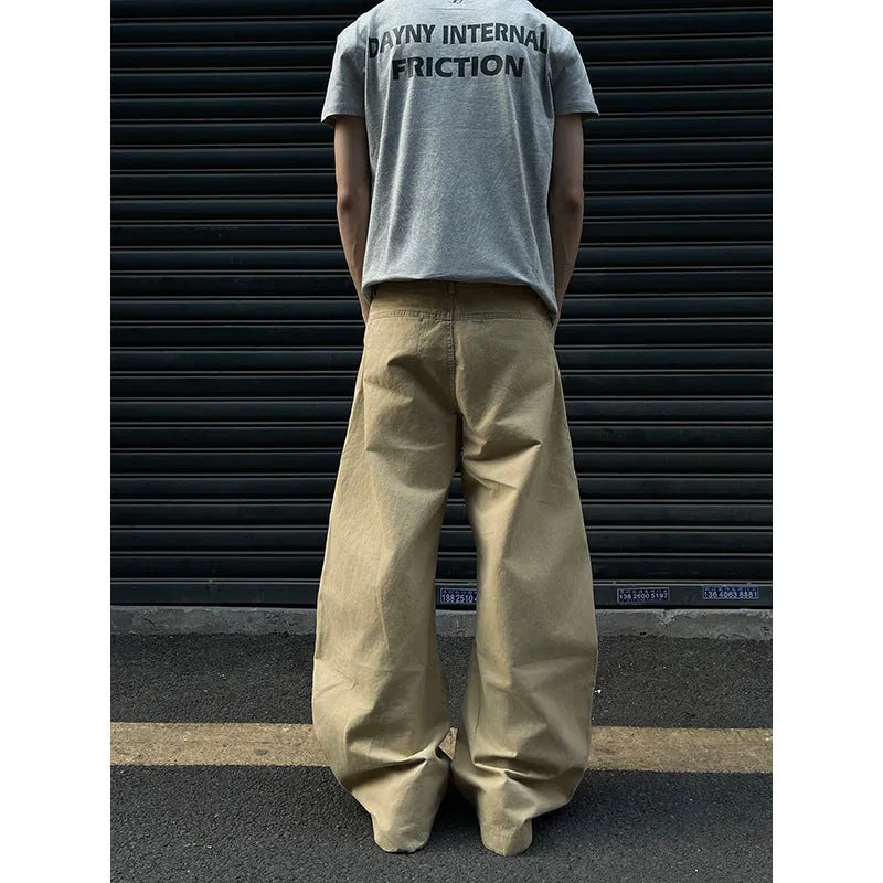 Men's casual cotton straight trousers in solid khaki colour from the front