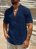 Men's solid colour stand collar short-sleeved shirt in polyester blend fabric for summer wear
