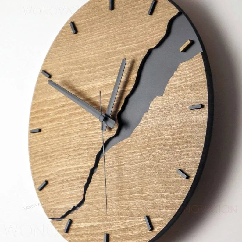 Modern wooden wall clock with creative crack pattern design in colour option
