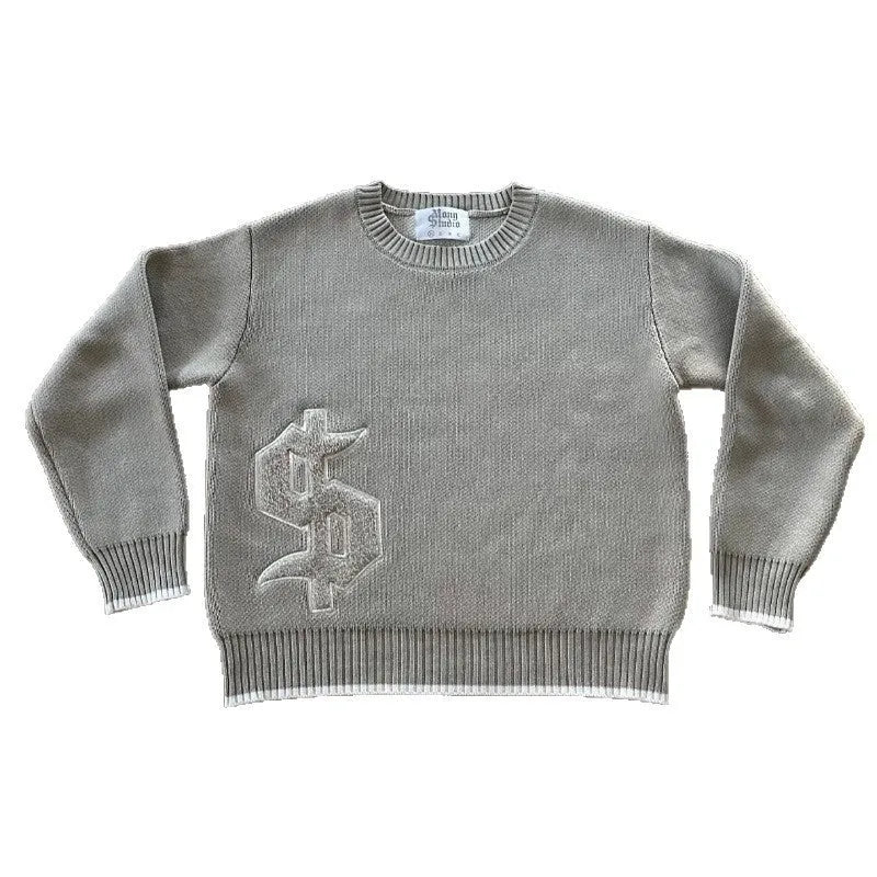 Grey loose-fitting jacquard knitwear pullover coat with long sleeves for autumn winter wear.
