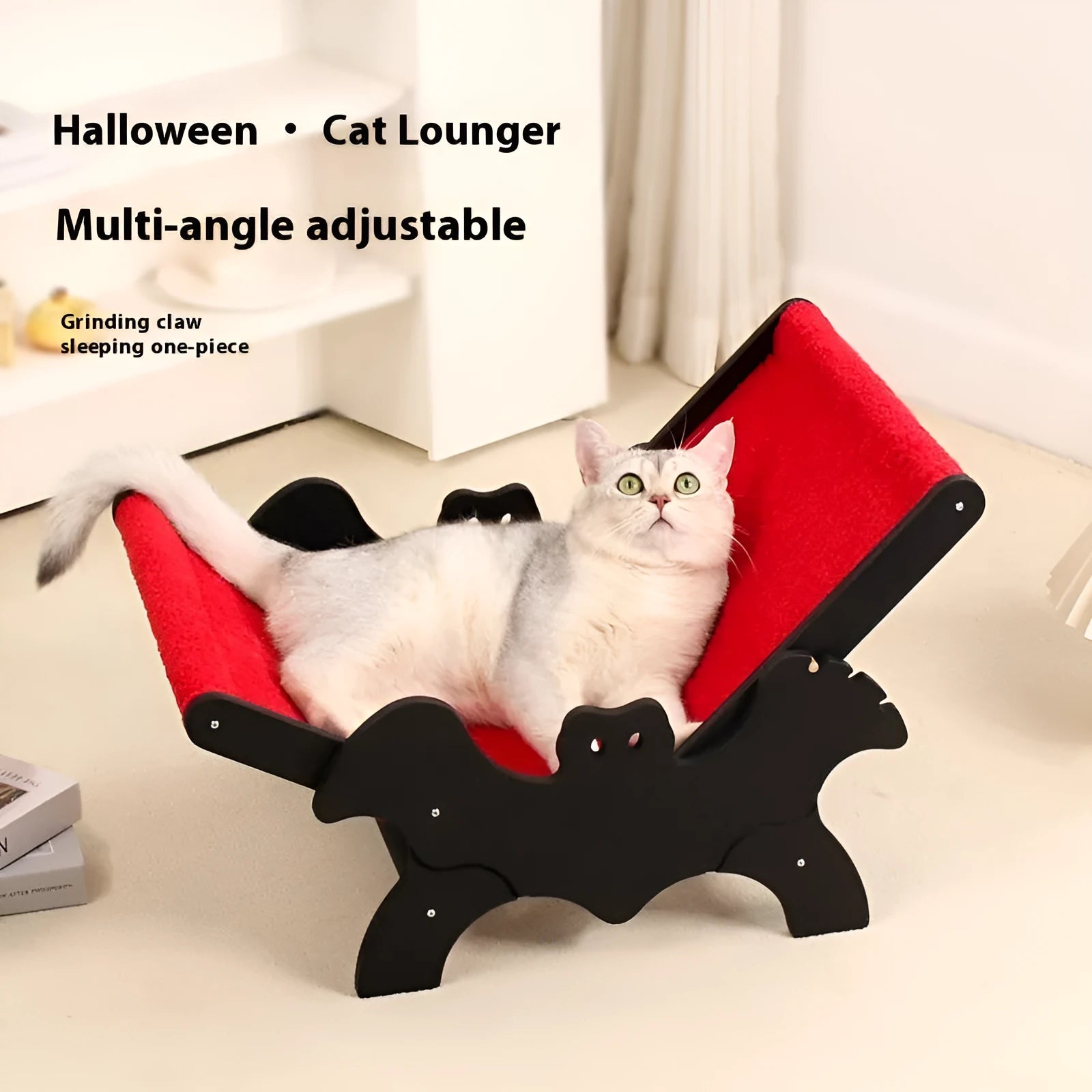 Black and red Halloween bat design wooden cat recliner bed, model MW-054, on a white background.