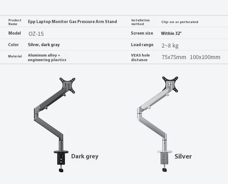 Aluminium air pressure arm computer stand in black or silver colour for laptop height adjustment