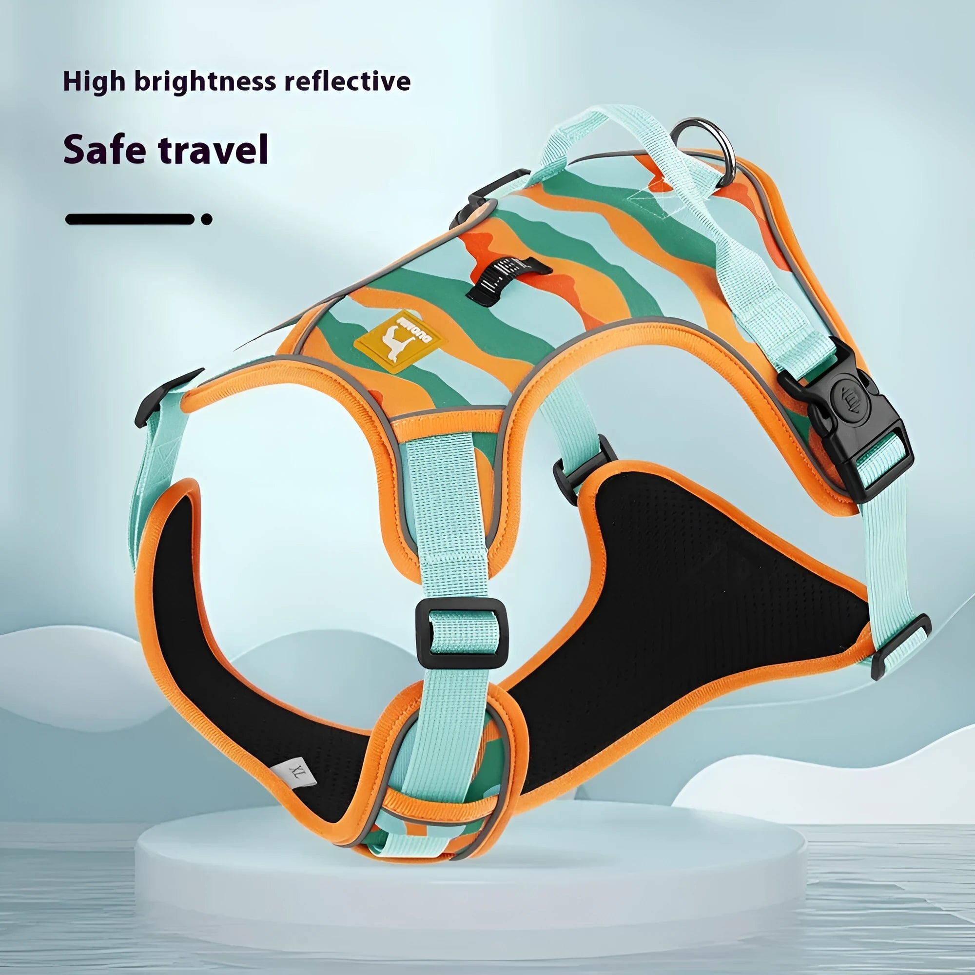 Reflective orange Oxford cloth dog lead with two black handles, shown on a dog's back and chest.