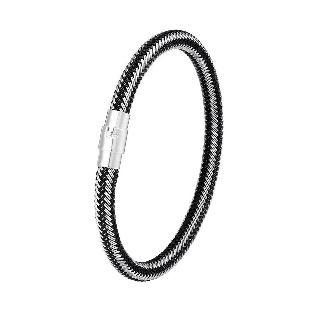 Titanium steel geometric wire bracelet with magnet socket closure in silver tone.