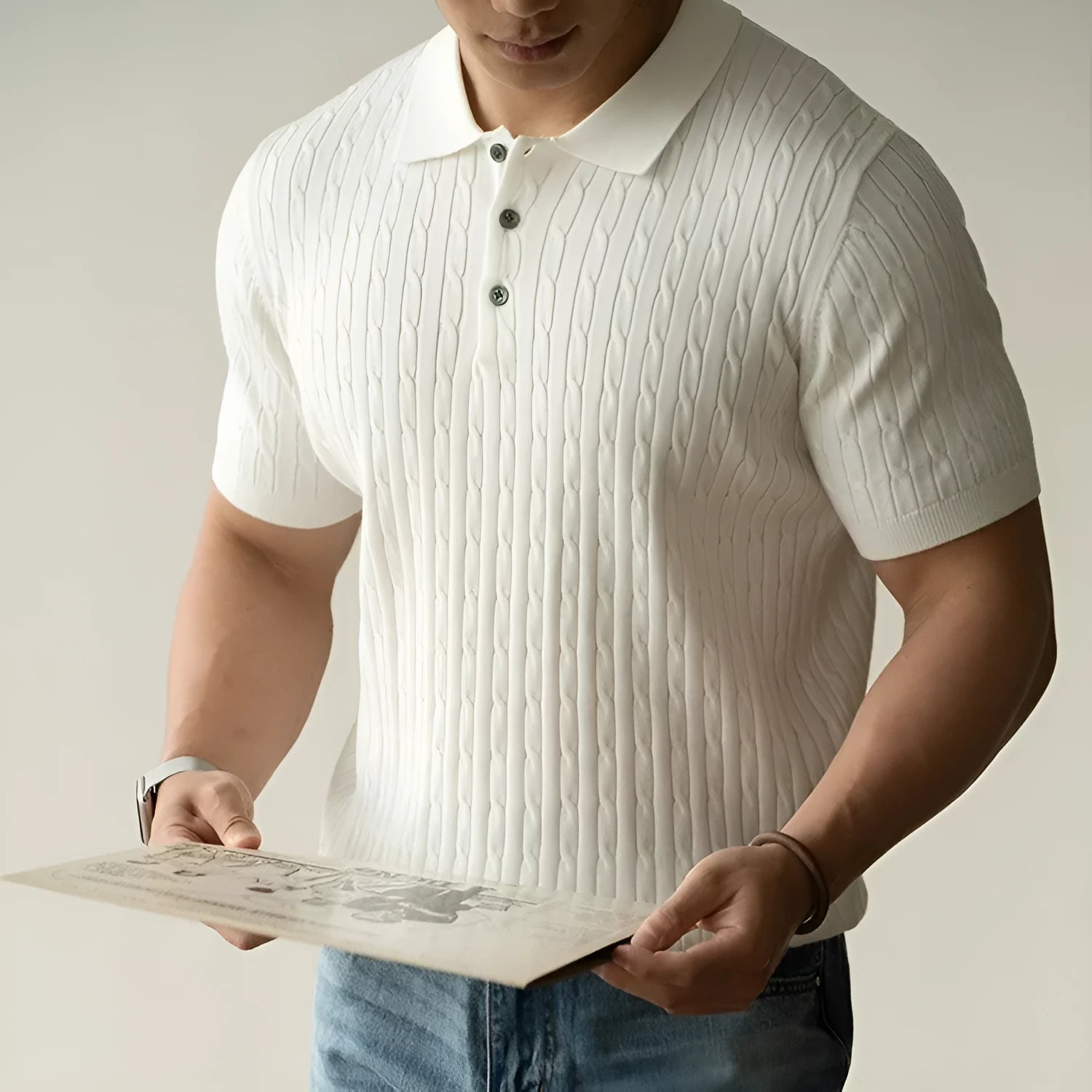 Men's short sleeve business top in polyester nylon acrylic wool blend available in khaki black white colours