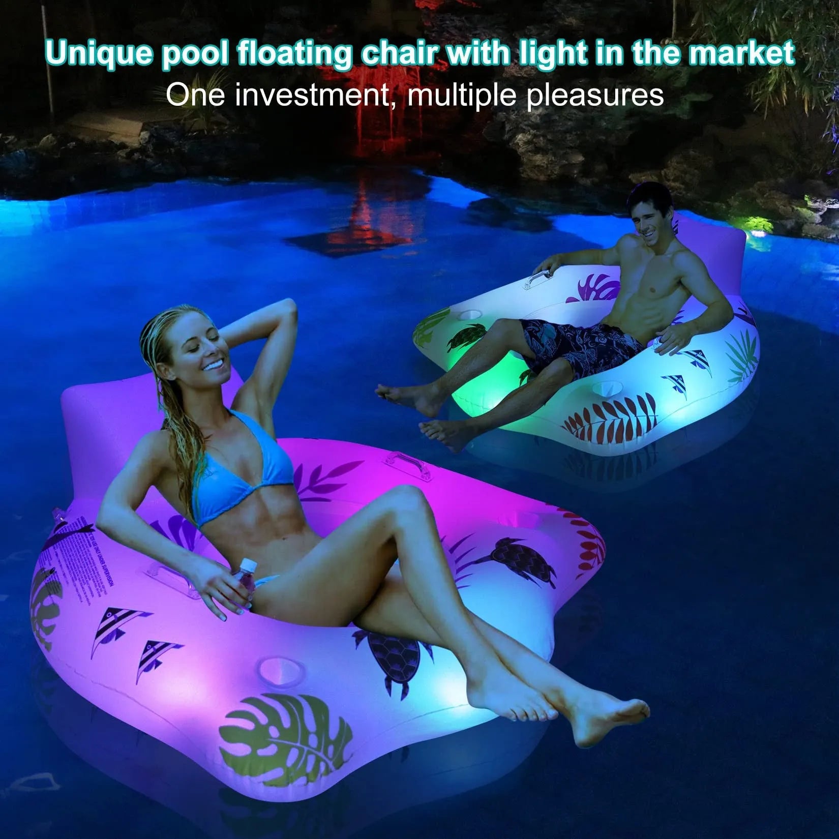 White PVC inflatable U-shaped seat float with glowing edges on water.