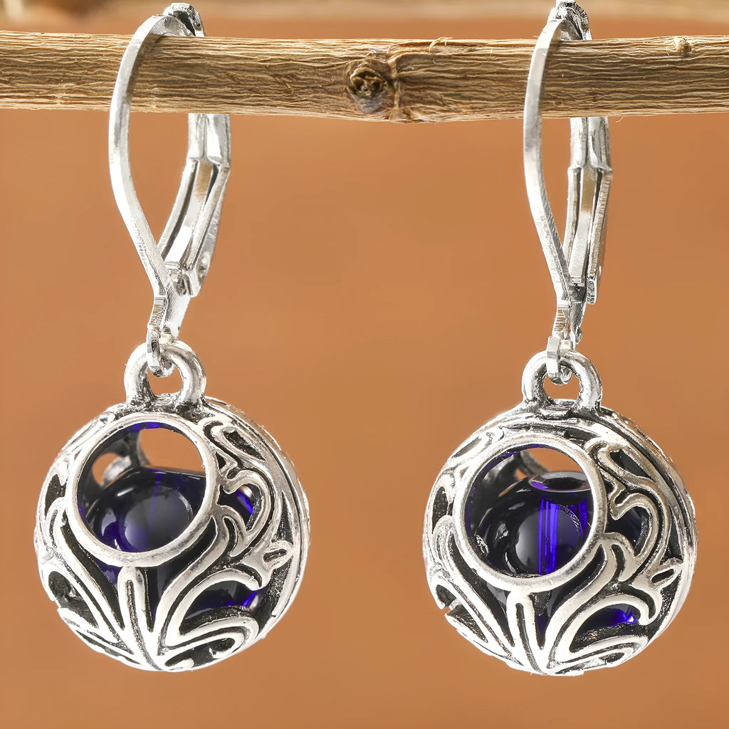 Vintage engraving hollow blue gemstone pendant drop earrings in silver colour for women, geometric shape