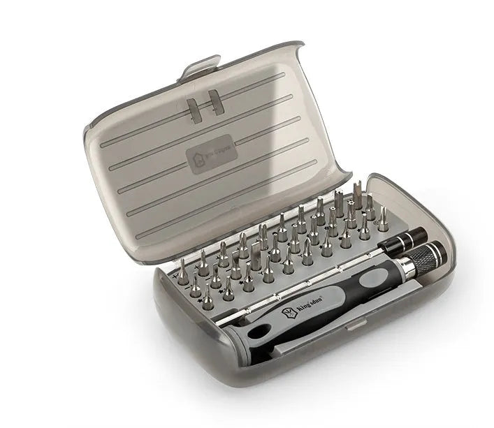 32-in-1 screwdriver set with 30 bits in a black plastic case and soft-grip handle for repairs.