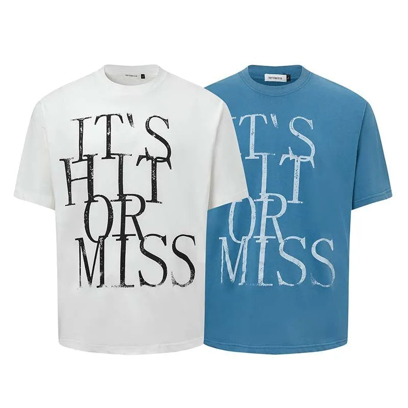 Men's blue loose fit cotton blend T-shirt featuring a large American retro style white letter print on the front.