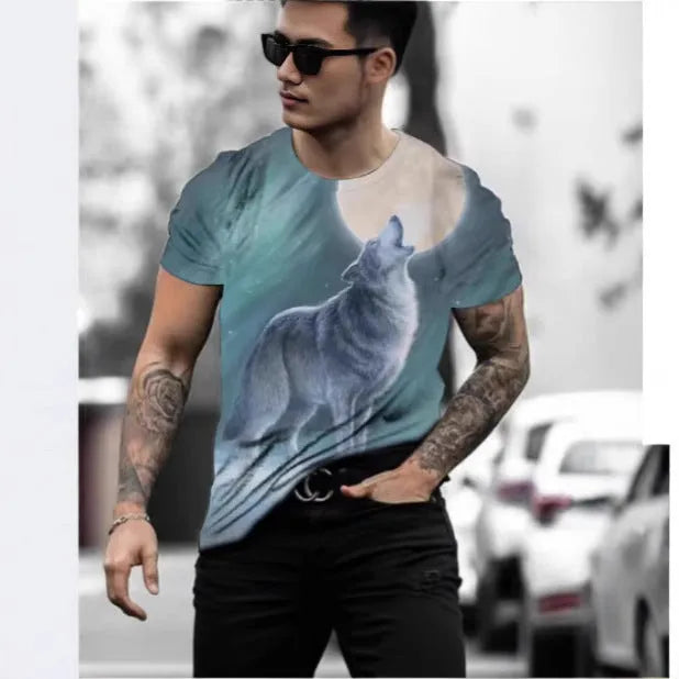 Men's grey short-sleeved T-shirt with a retro-style 3D digital print of a wild animal on the front.