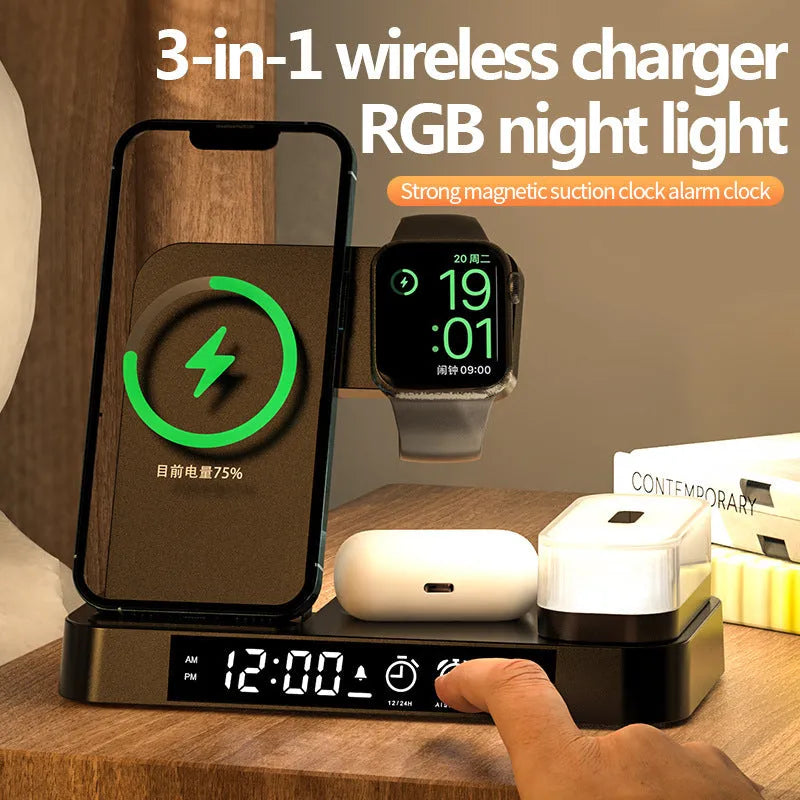 White 4 in 1 multifunction wireless charger station with foldable stand, alarm clock display, and RGB night light