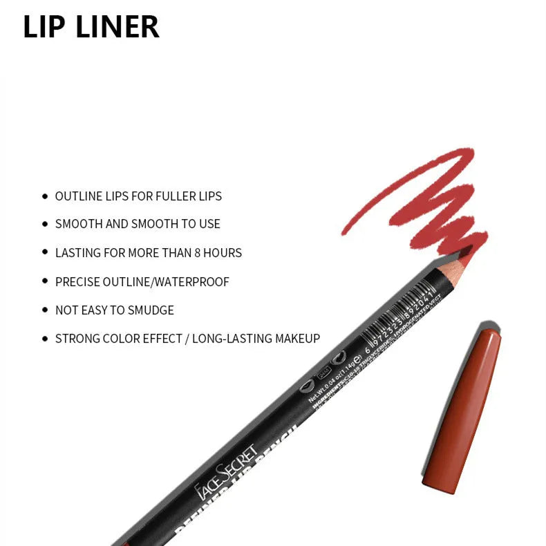Wood-cased waterproof matte lip liner pencil shown in one of 14 available colour shades.