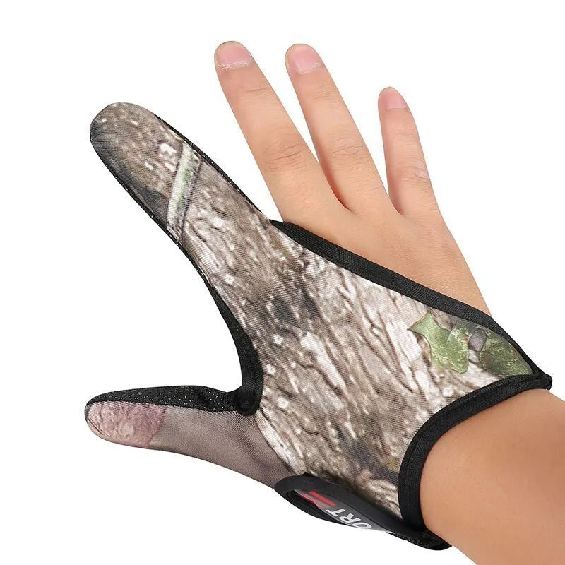 Fishing tackle two finger glove showing diving cloth back and microfiber palm, available for right or left hand