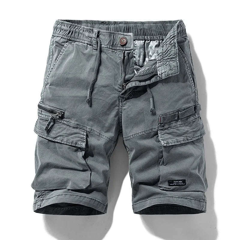 Men's army green cotton shorts with zipper and multiple pockets, Korean style cut.
