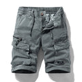 Men's army green cotton shorts with zipper and multiple pockets, Korean style cut.