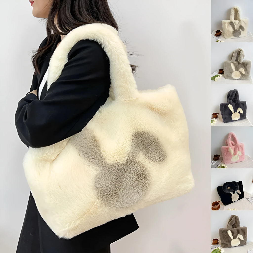 Plush shoulder bag with cartoon rabbit ears design in solid colour with large capacity