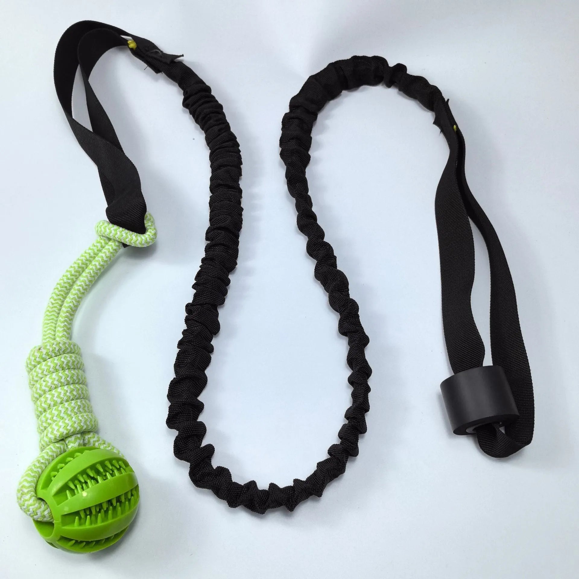 Green cotton dog tug rope toy with corncob and teether ball biting surfaces for indoor outdoor play
